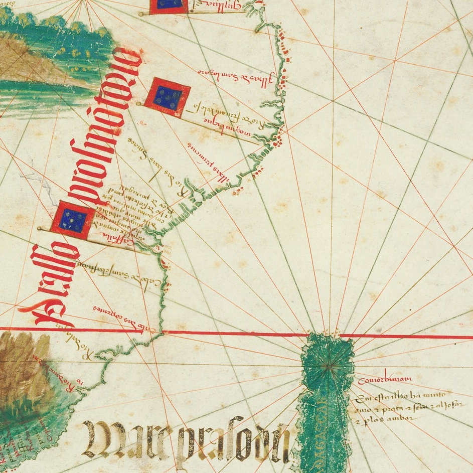 A section from the historic map Cantino Planisphere (1502) showing the coastline of Mozambique.
