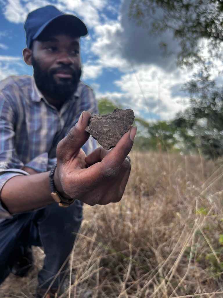 An archaeologist (not in focus) holding up a fragment of a ceramic pot to the camera, in front of a dry grassy landscape.