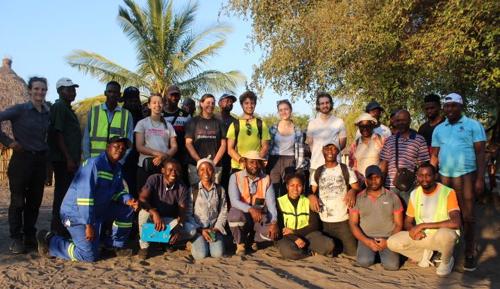 A group of people pose for a picture, with a palm tree in the background